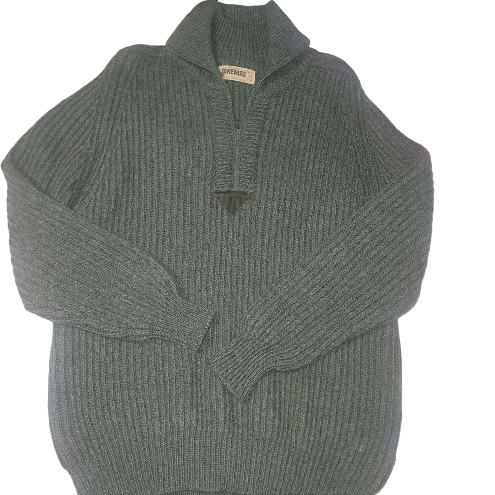 Brenire Vintage Pure New Wool Dark Green Ribbed Knit Quarter-Zip Sweater
